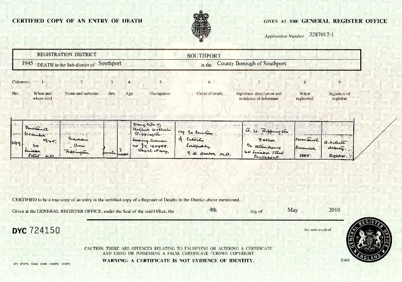Rippington (Maureen Ann) 1945 Death Certificate